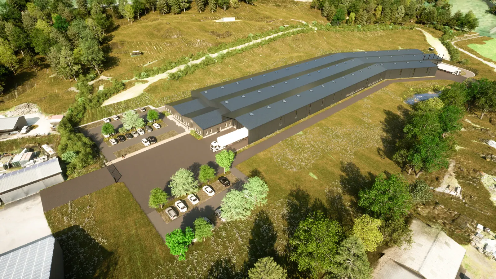 Vue aérienne 3D type drone, batiment industriel Cantal